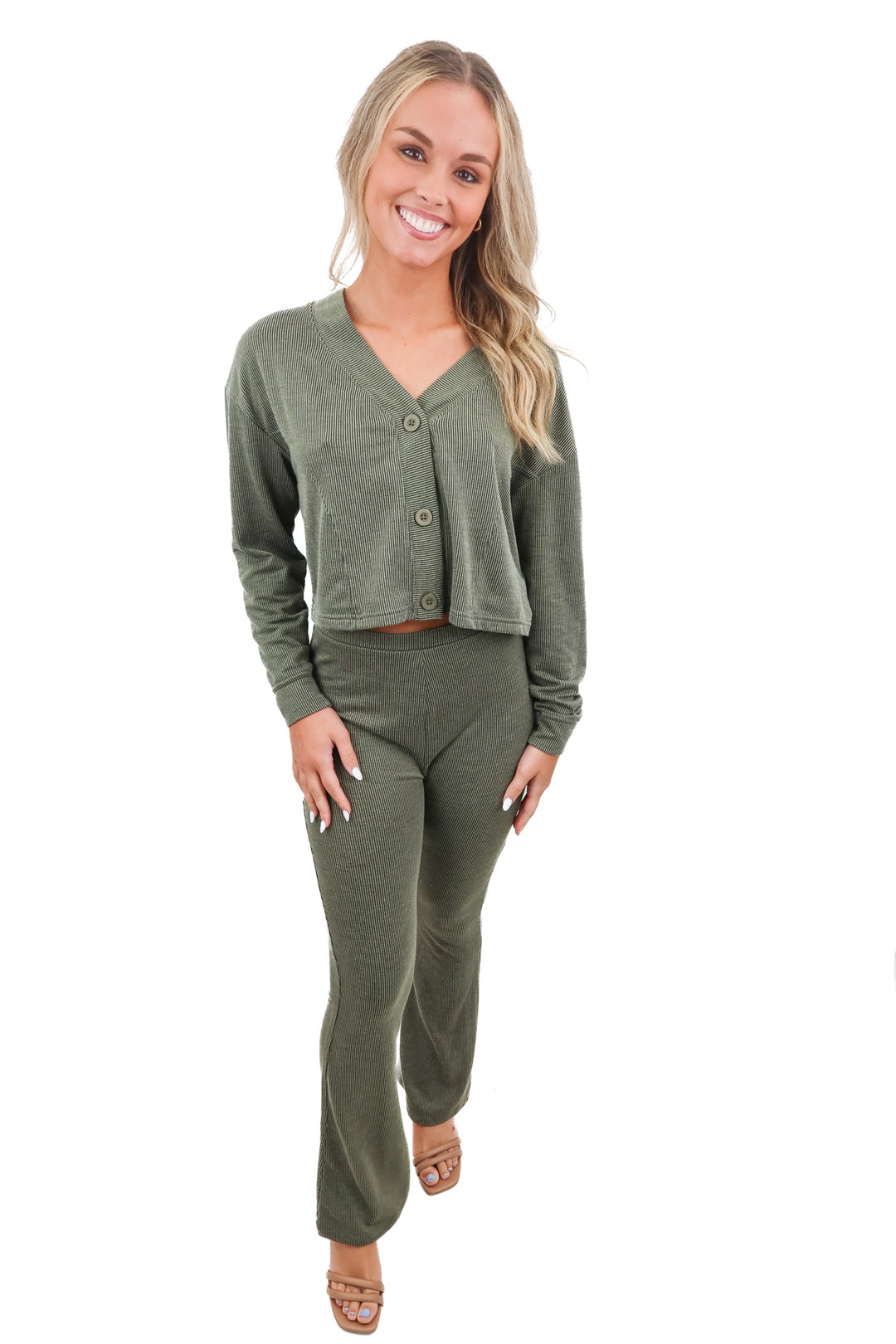 colsie green ribbed lounge set (s)
