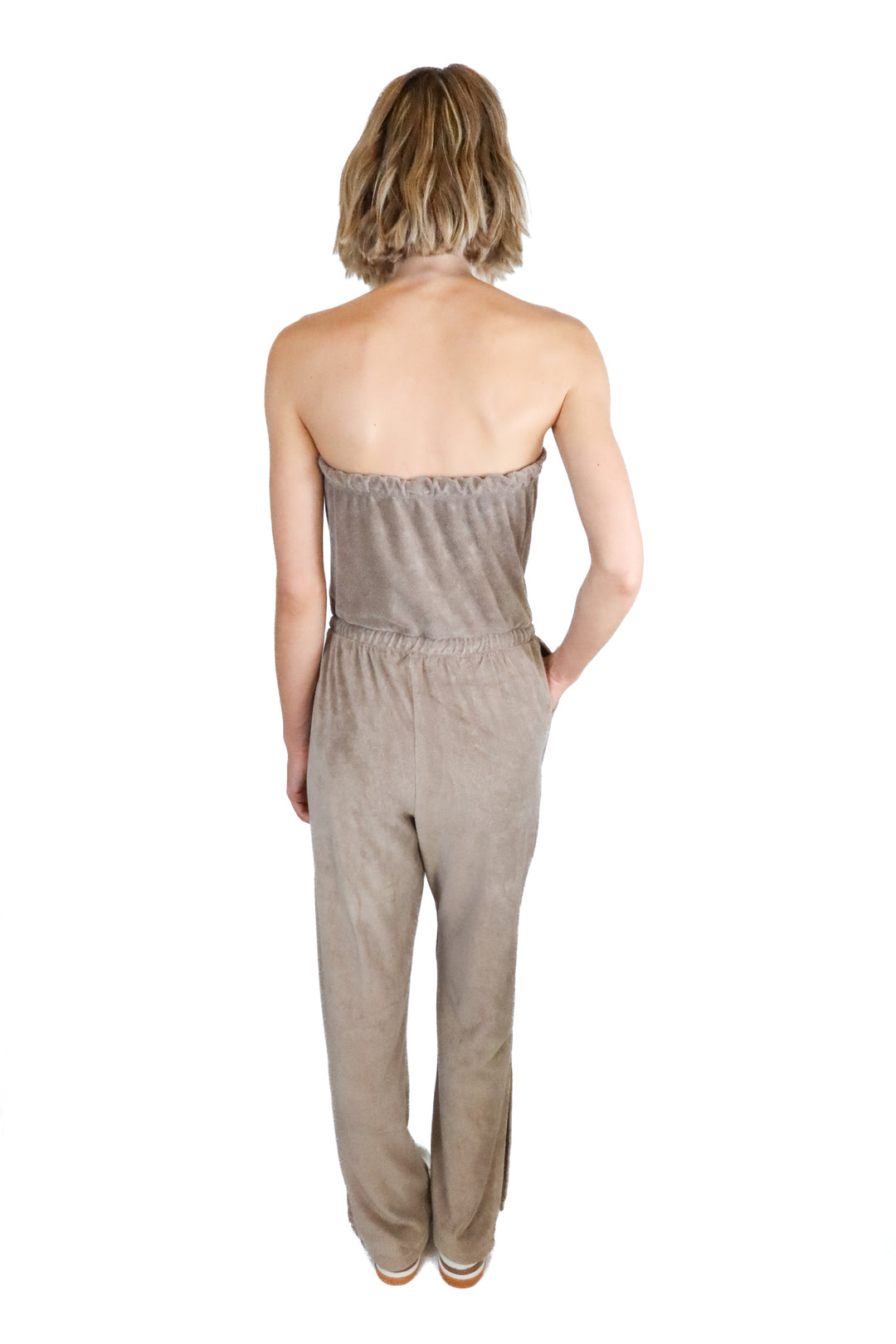Beyond Yoga Taupe Strapless Terrycloth Jumpsuit (XS; retail $148)