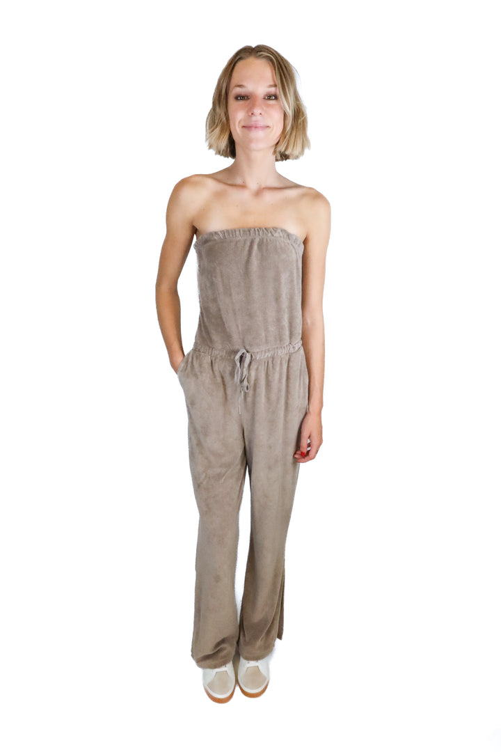 Beyond Yoga Taupe Strapless Terrycloth Jumpsuit (XS; retail $148)