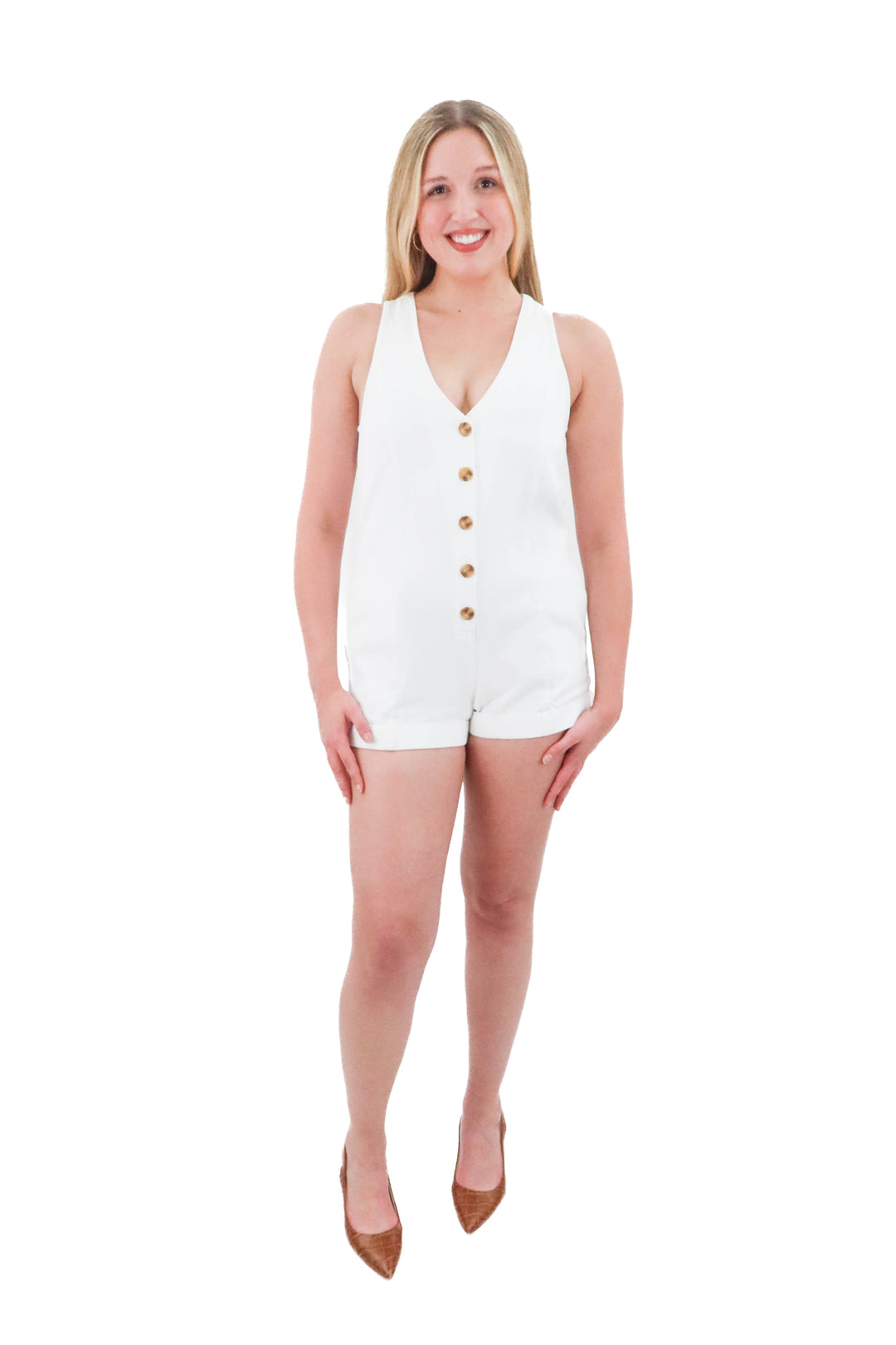 show me your mumu white denim romper (m; retail $158)