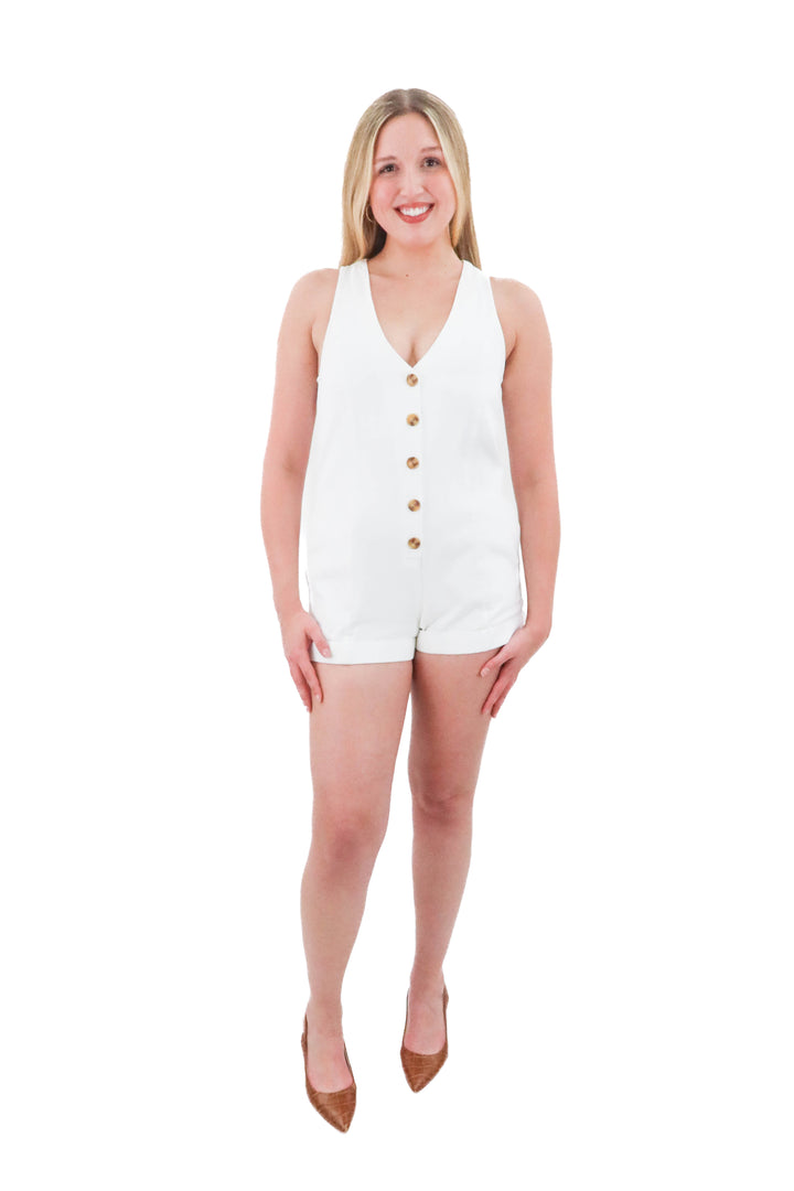show me your mumu white denim romper (m; retail $158)