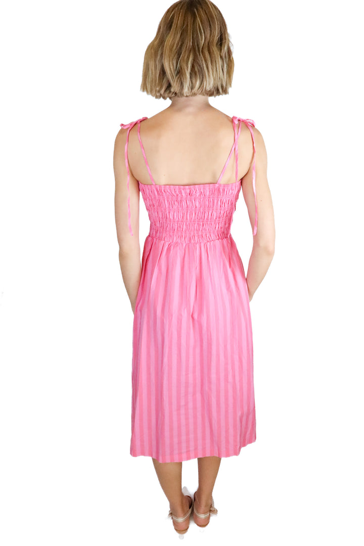 A New Day Pink Stripe Smocked Poplin Midi Dress (S)