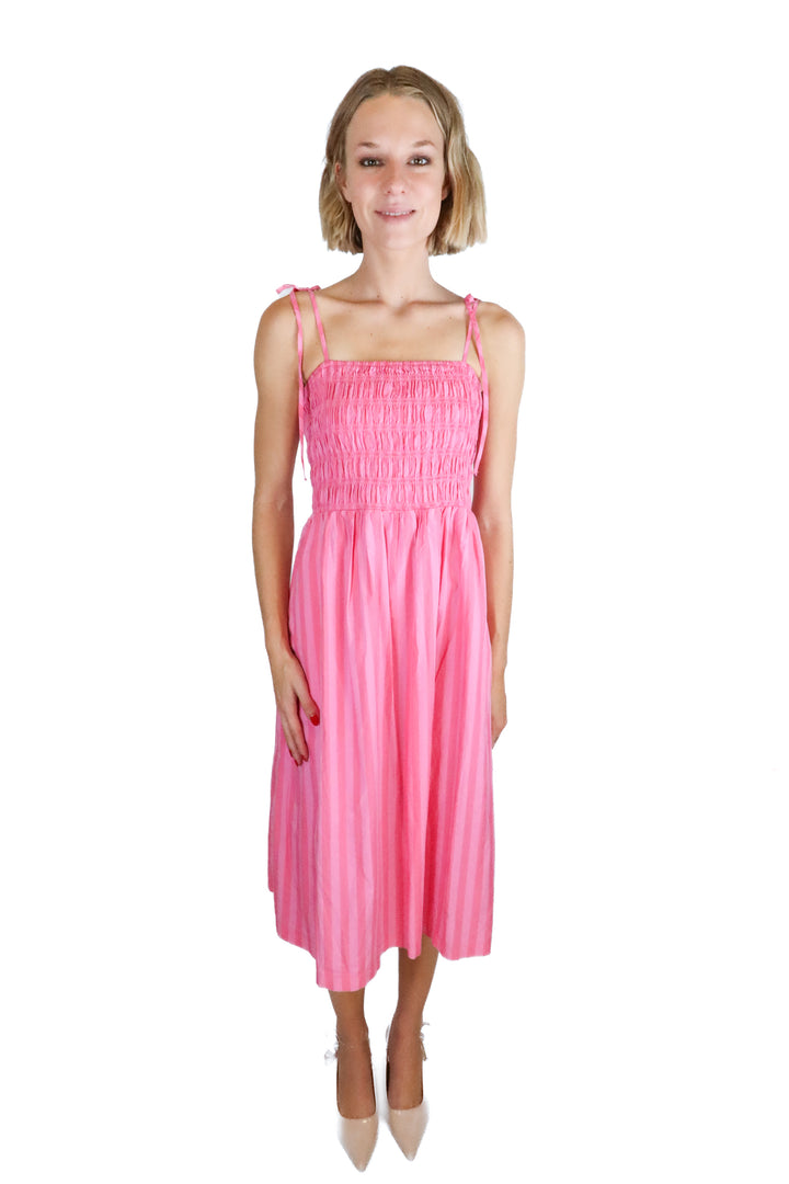 A New Day Pink Stripe Smocked Poplin Midi Dress (S)
