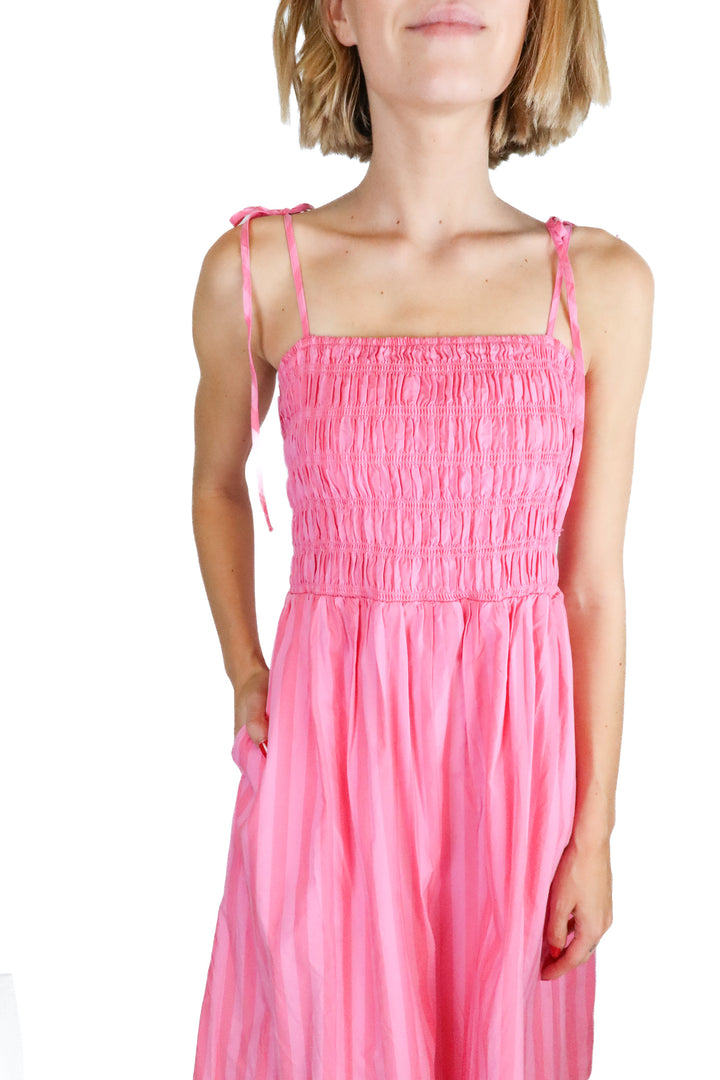 A New Day Pink Stripe Smocked Poplin Midi Dress (S)