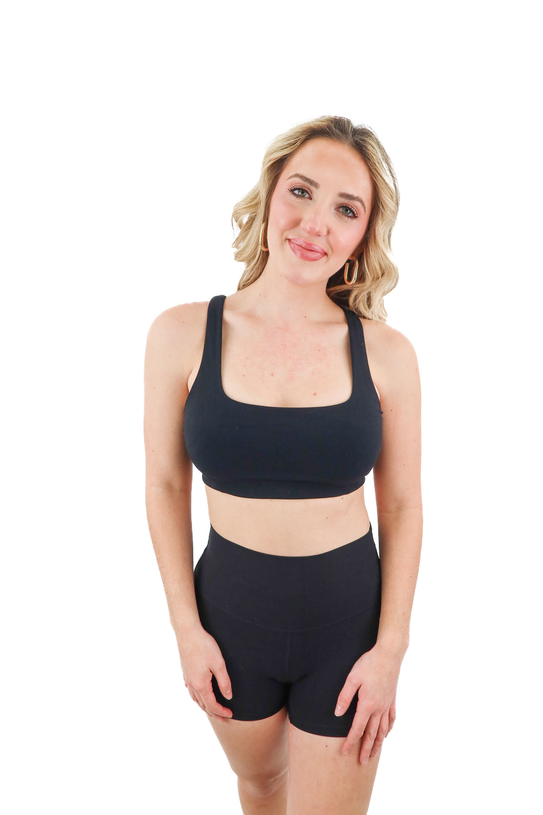 baleaf black racerback sports bra (S/M; retail $34.99)