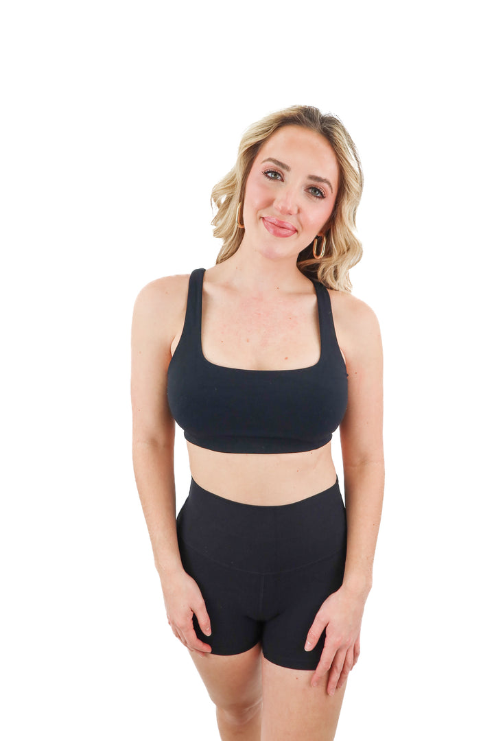 baleaf black racerback sports bra (S/M; retail $34.99)