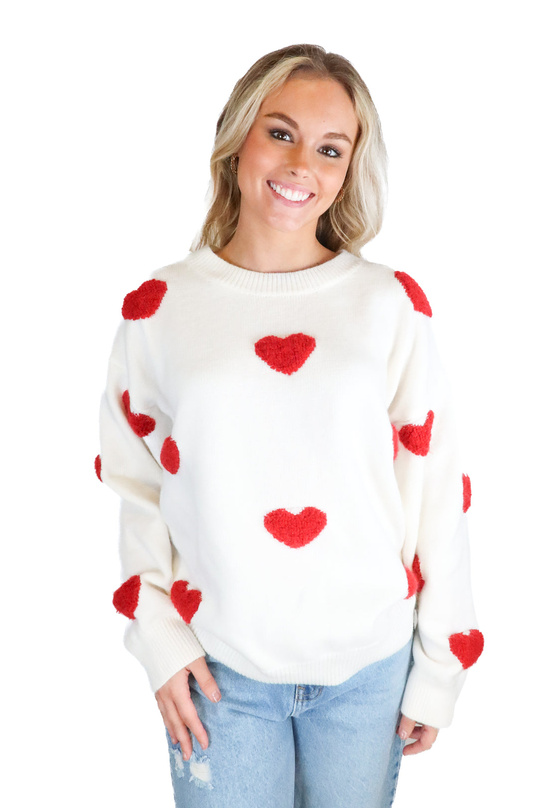 white oversized sweater with heart detail (M)