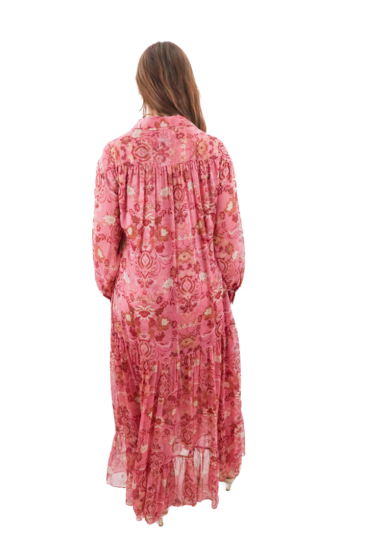 Misa pink long sleeve floral sheer maxi dress (m; retail $396)