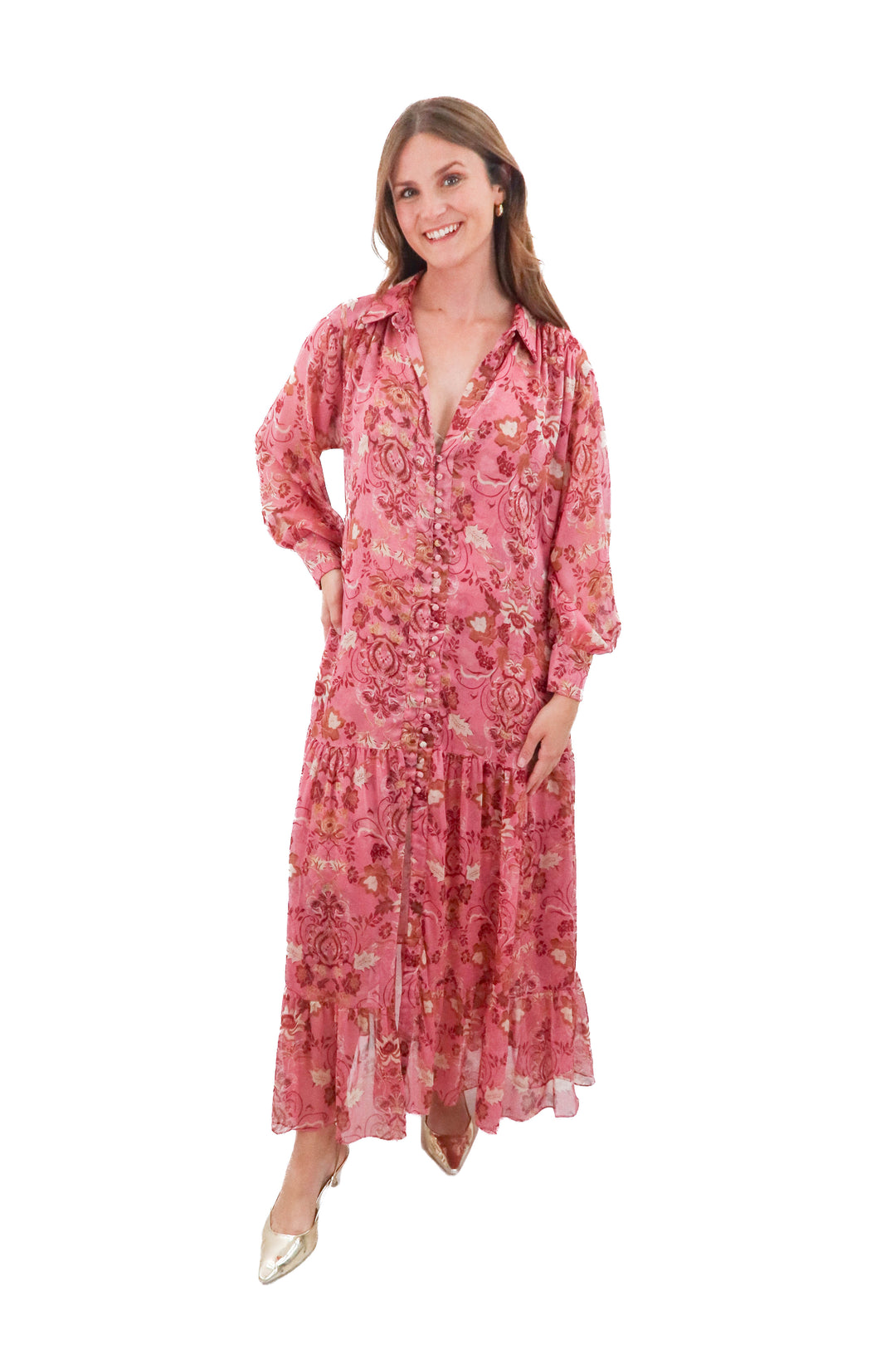 Misa pink long sleeve floral sheer maxi dress (m; retail $396)