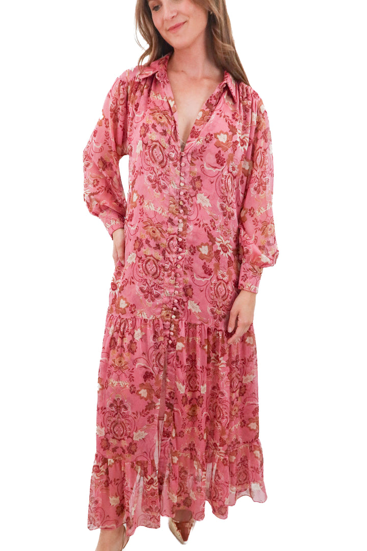 Misa pink long sleeve floral sheer maxi dress (m; retail $396)