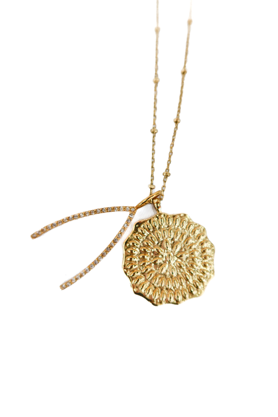 gorjana gold crystal bone/floral circle charm necklace (retail $75)