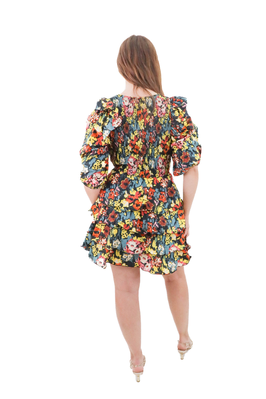 Cleobella black floral ruffle mini dress (m; retail $228)
