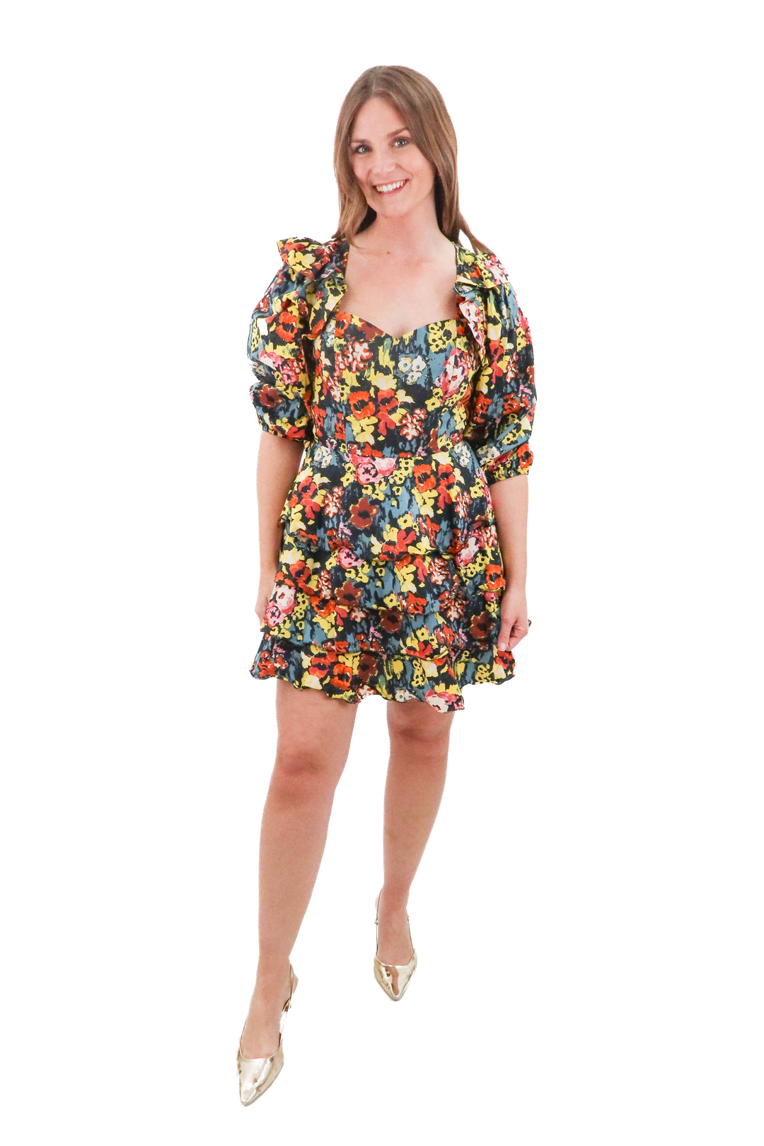 Cleobella black floral ruffle mini dress (m; retail $228)
