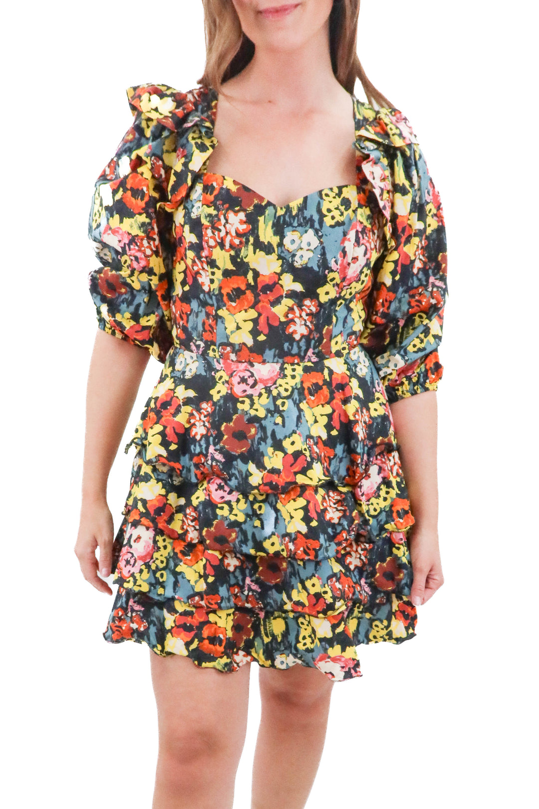 Cleobella black floral ruffle mini dress (m; retail $228)