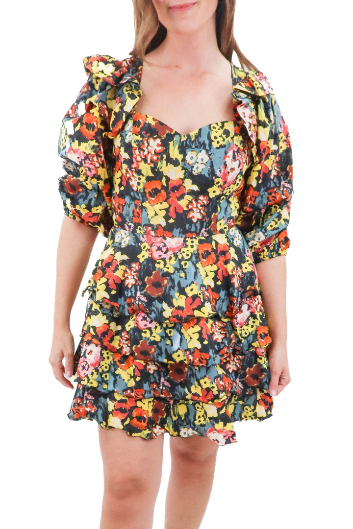Cleobella black floral ruffle mini dress (m; retail $228)