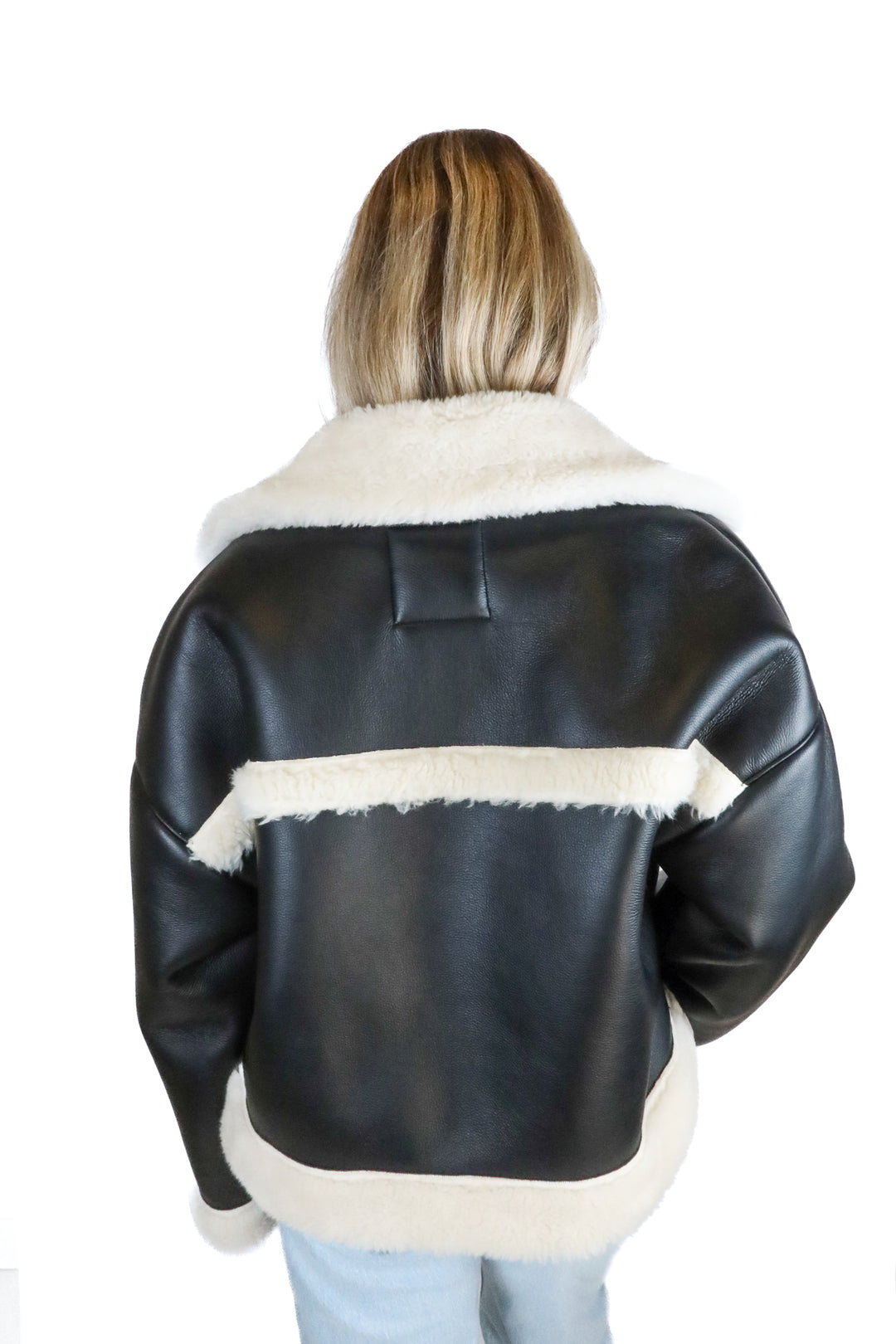 Abercrombie Black Vegan Leather & Cream Faux Fur Jacket (M; retail $160)