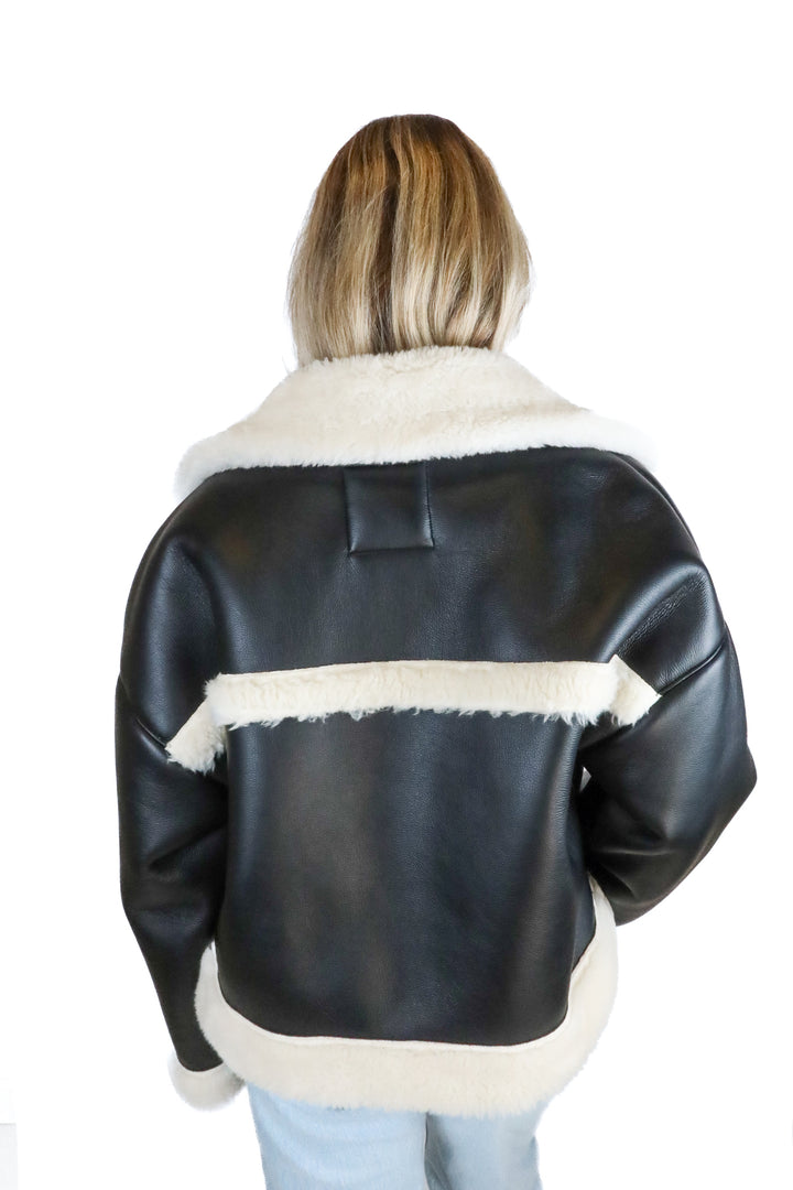 Abercrombie Black Vegan Leather & Cream Faux Fur Jacket (M; retail $160)