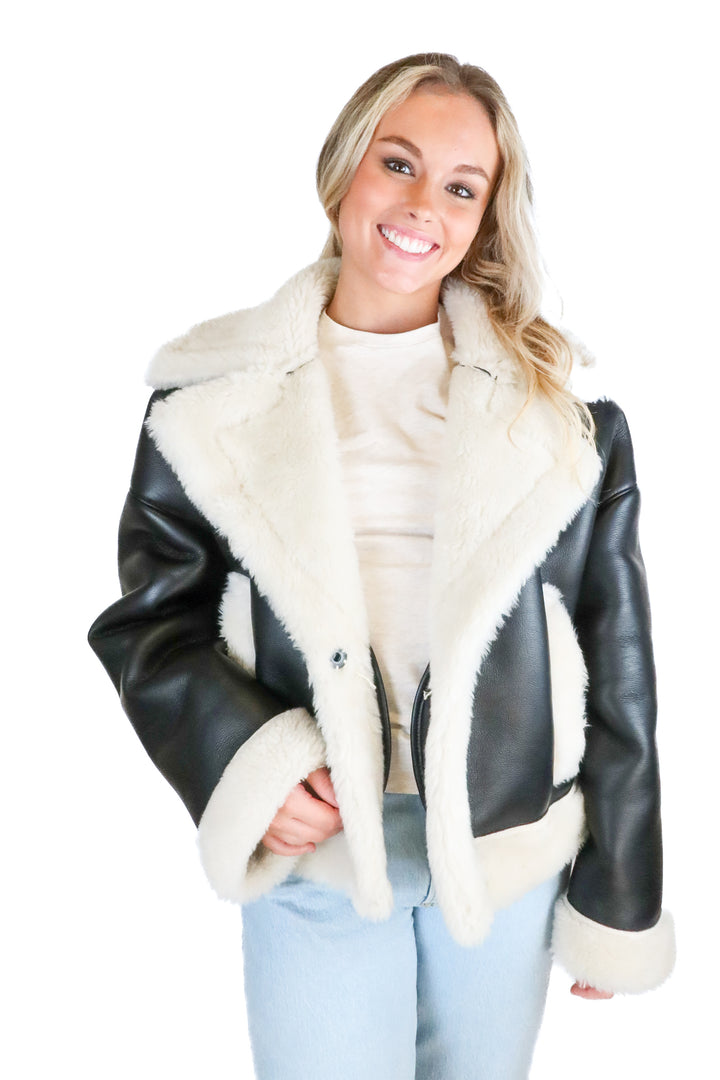 Abercrombie Black Vegan Leather & Cream Faux Fur Jacket (M; retail $160)