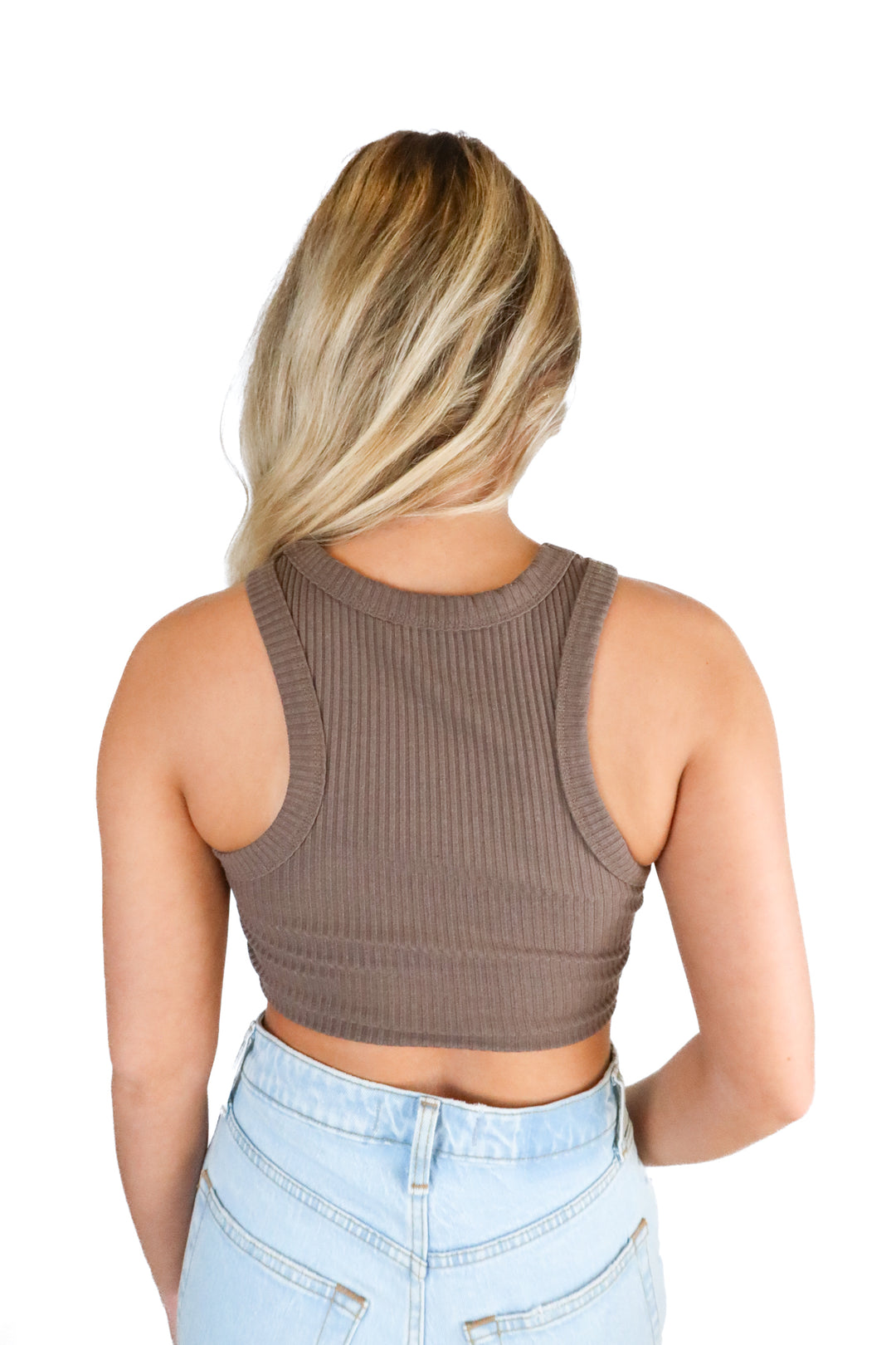 beige botany brown ribbed high neck tank (s)