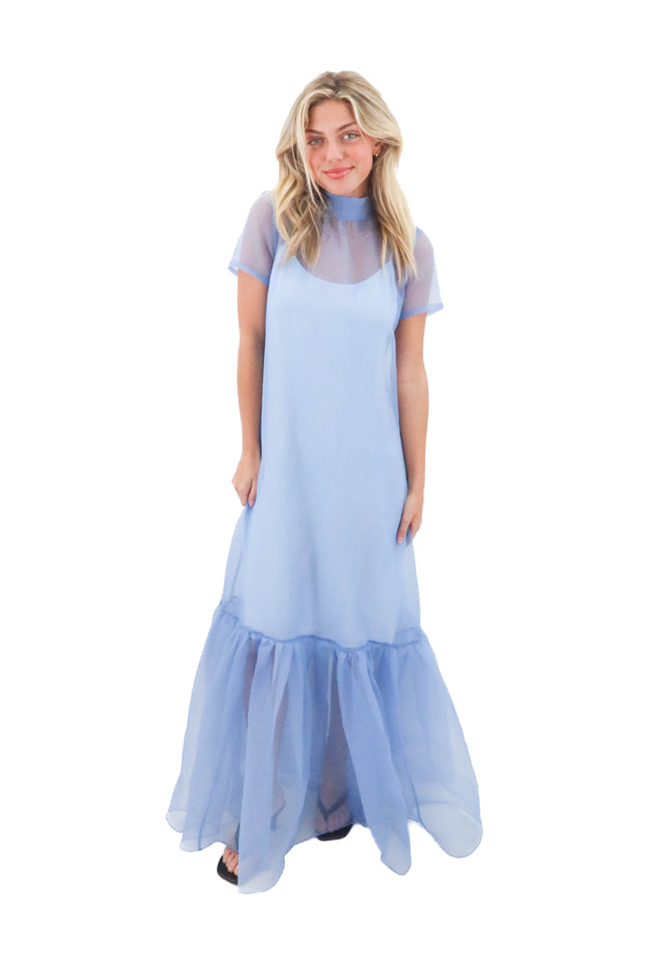 staud blue ruffle slip dress (s)