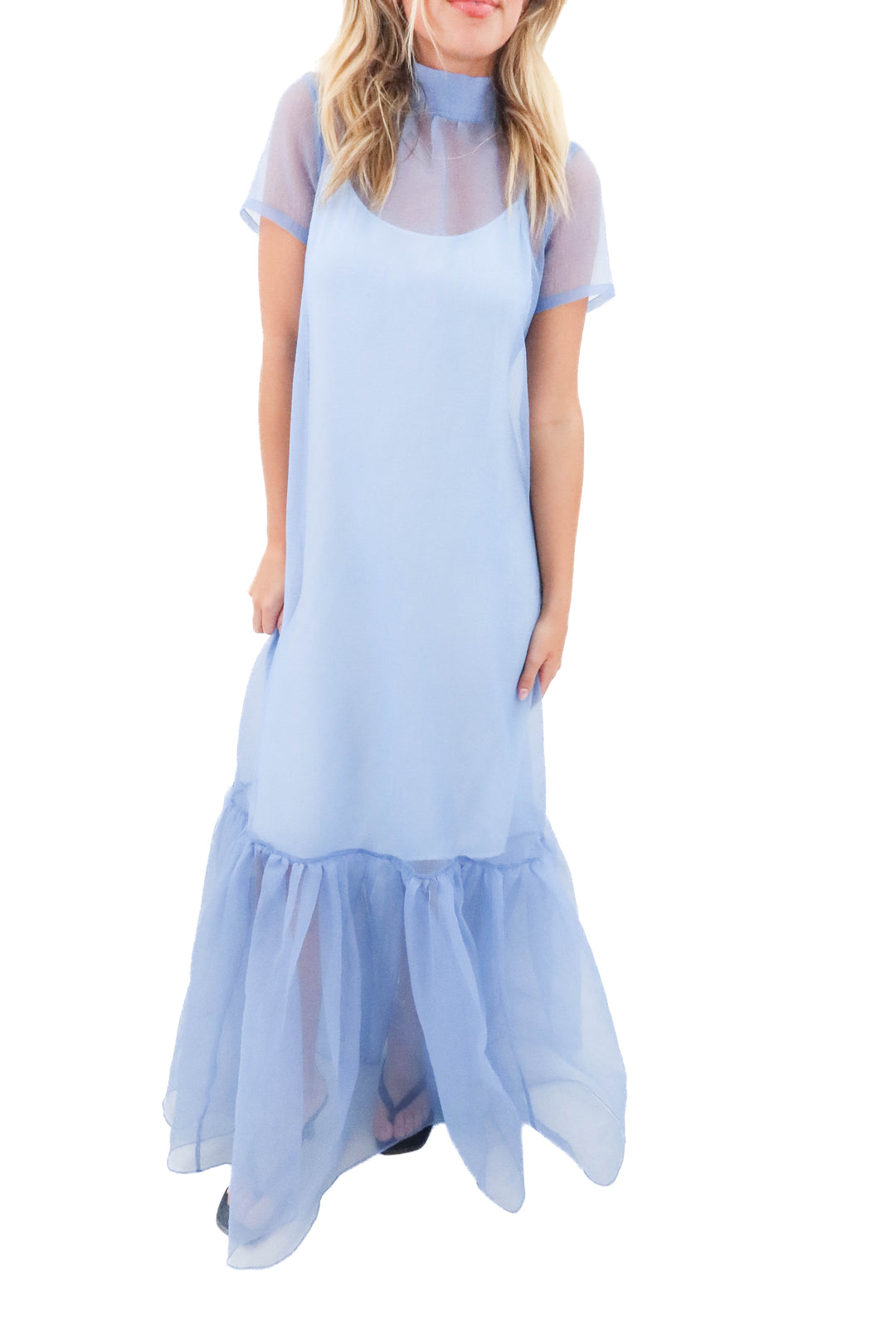 staud blue ruffle slip dress (s)