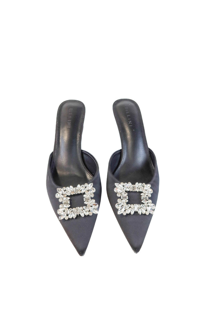 Billini Black Satin Kitten Heel Mules NWOT (10; retail $120)