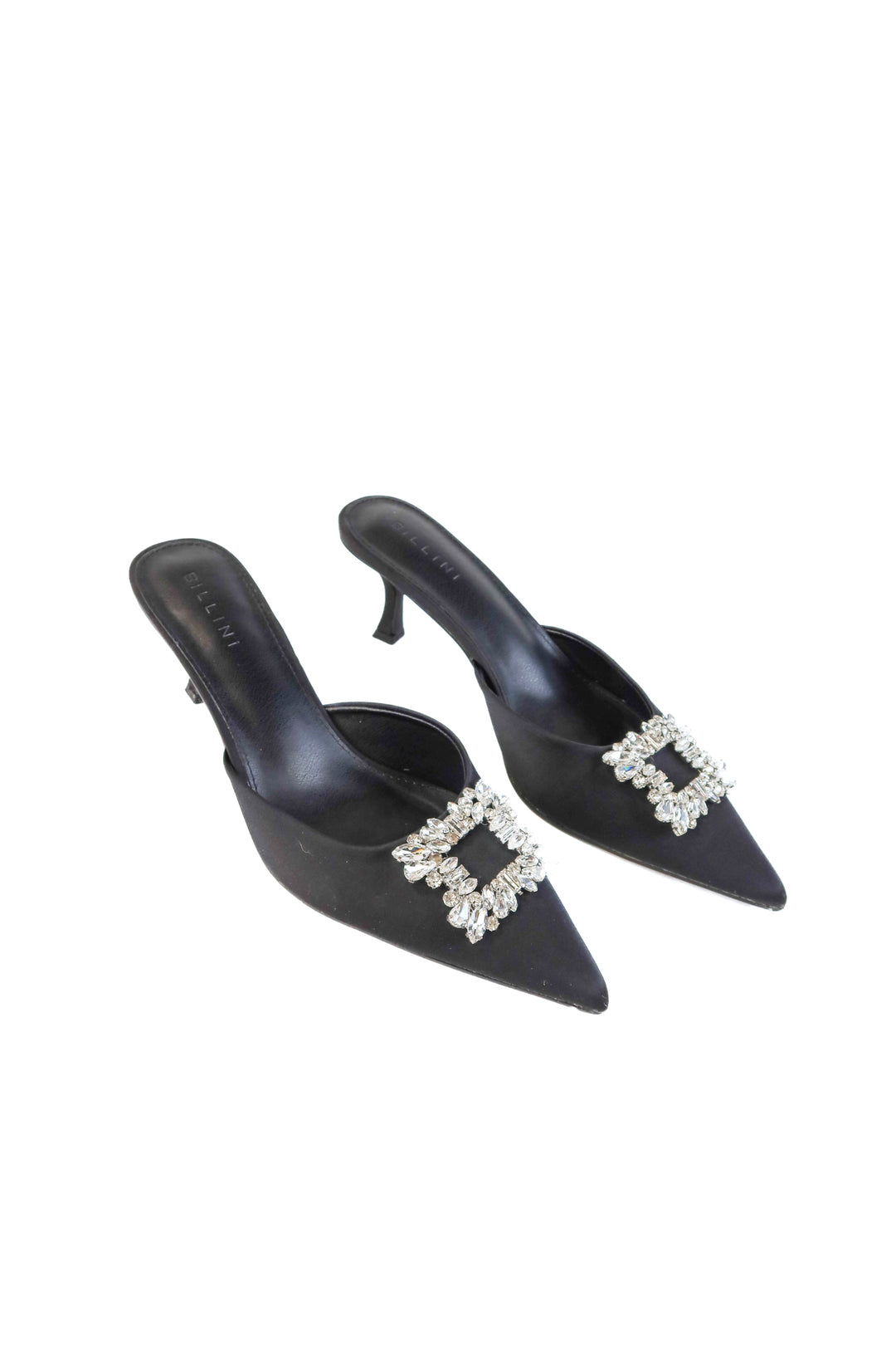 Billini Black Satin Kitten Heel Mules NWOT (10; retail $120)