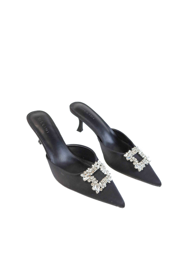 Billini Black Satin Kitten Heel Mules NWOT (10; retail $120)