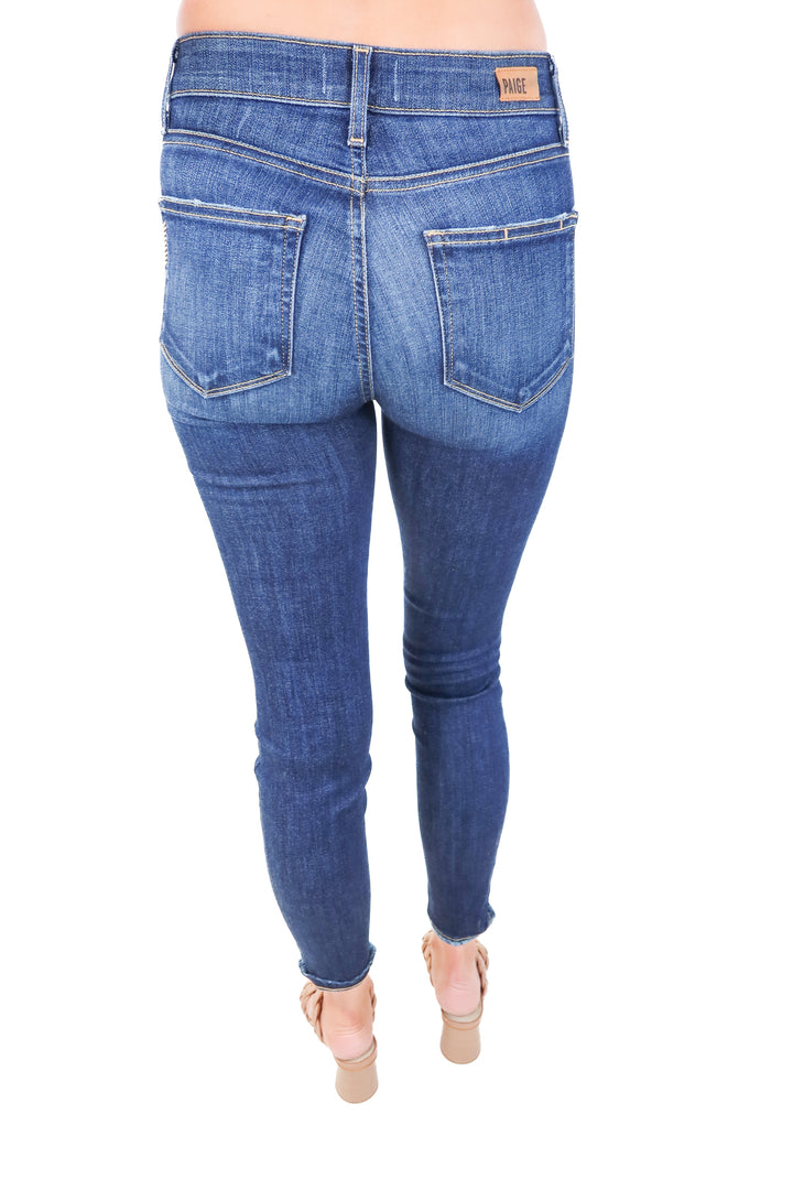 Paige dark wash skinny jeans (25; retail $195)