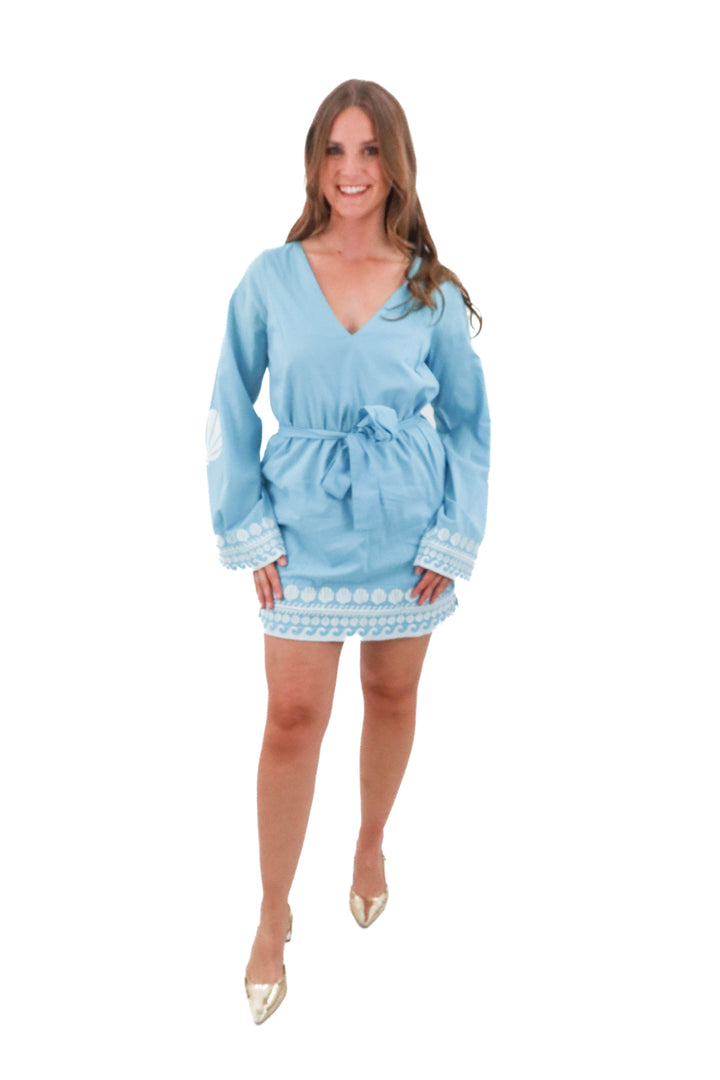 Show Me Your Mumu seashell embroidered blue shift dress w/belt (m; retail $178)