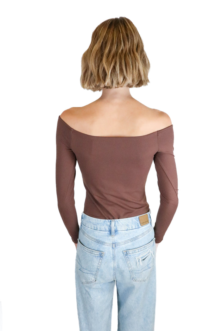 nuuds dark brown off the shoulder long sleeve bodysuit (s)