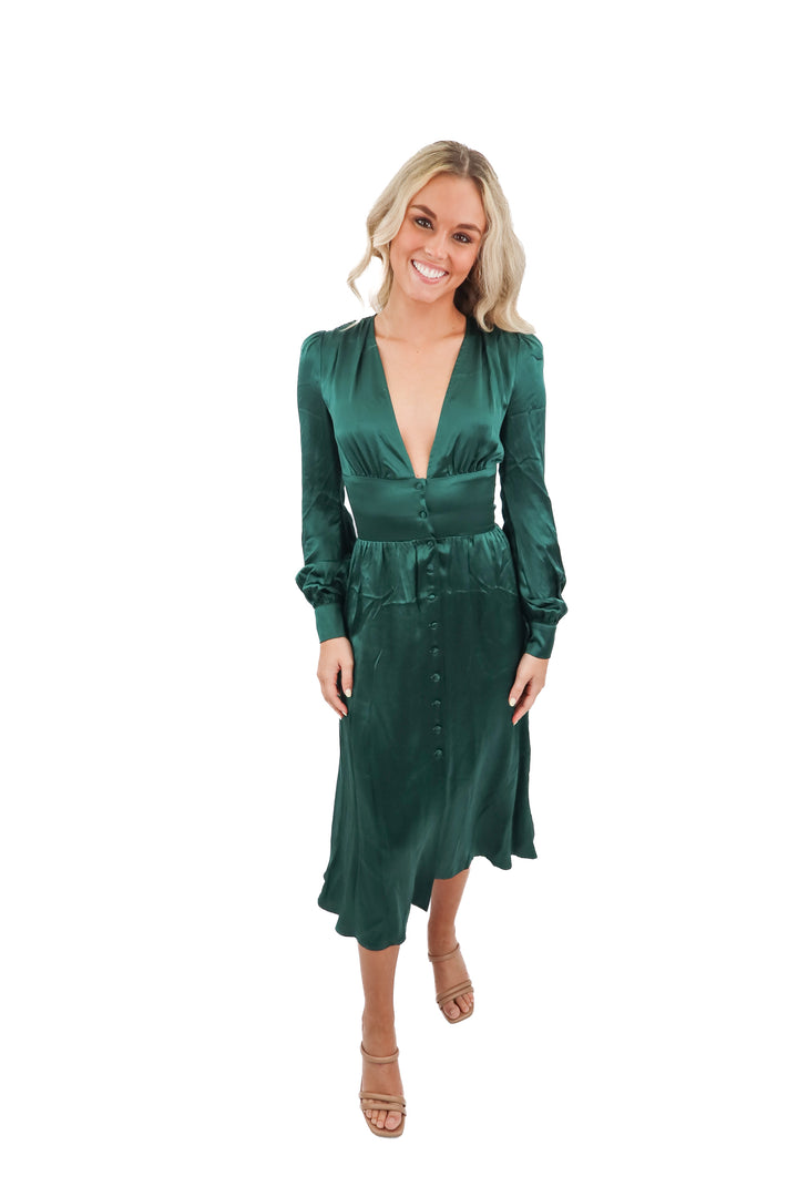 Reformation green silk long sleeve midi dress (2)