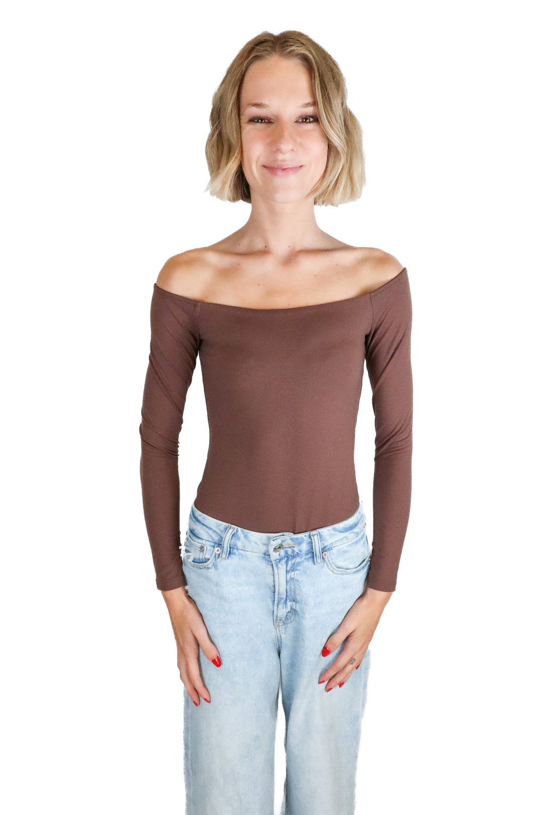 nuuds dark brown off the shoulder long sleeve bodysuit (s)