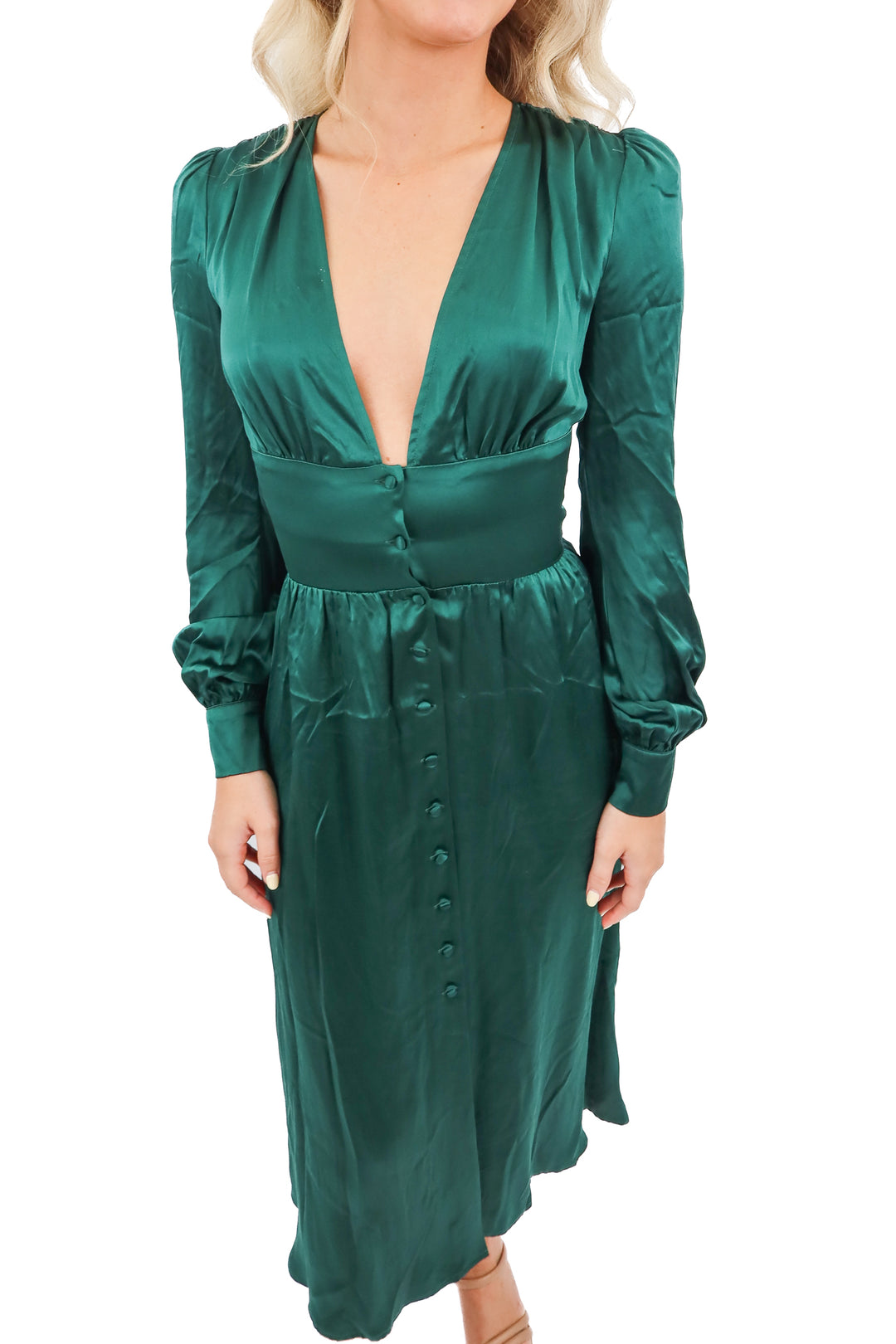 Reformation green silk long sleeve midi dress (2)