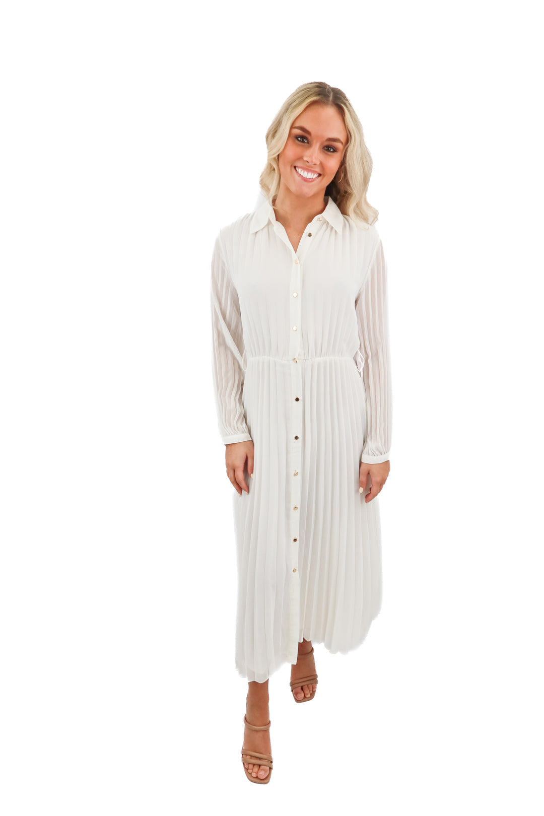 Zara cream pleated midi long sleeve dress NWT (XS; retail $79.90)