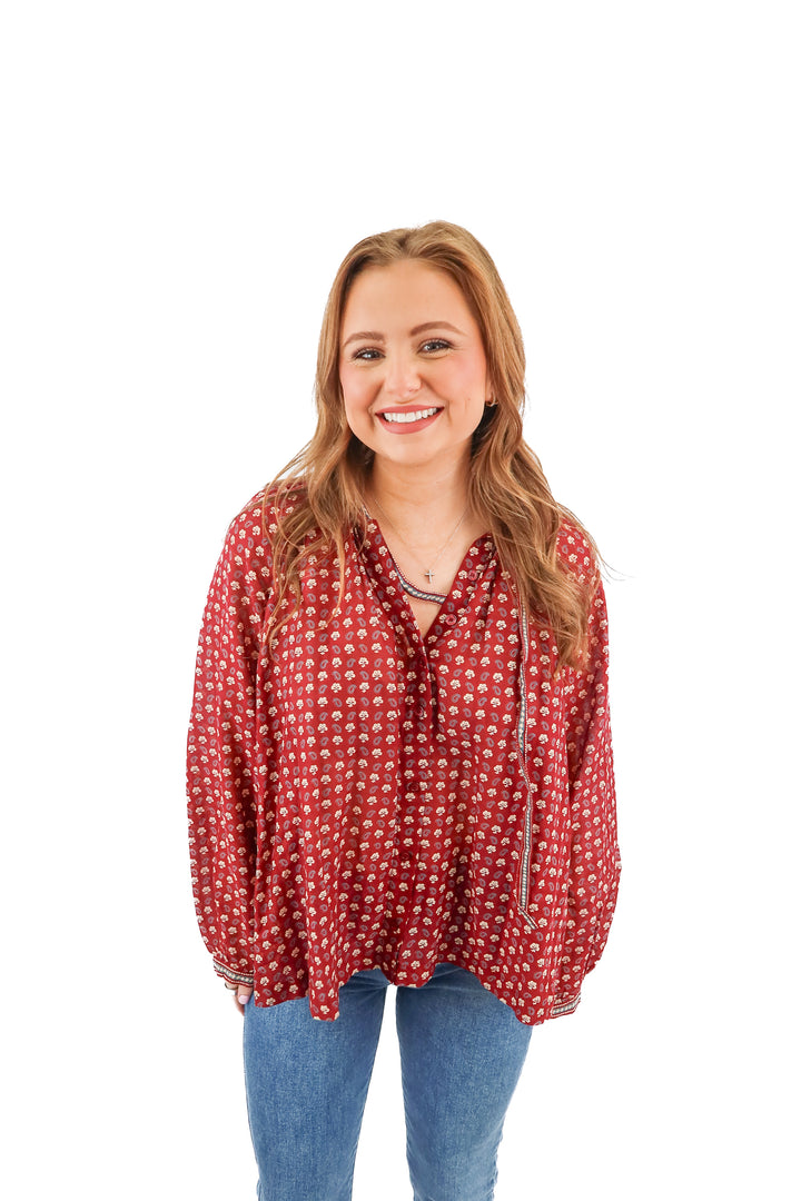 Doen red floral paisley long sleeve blouse (S)
