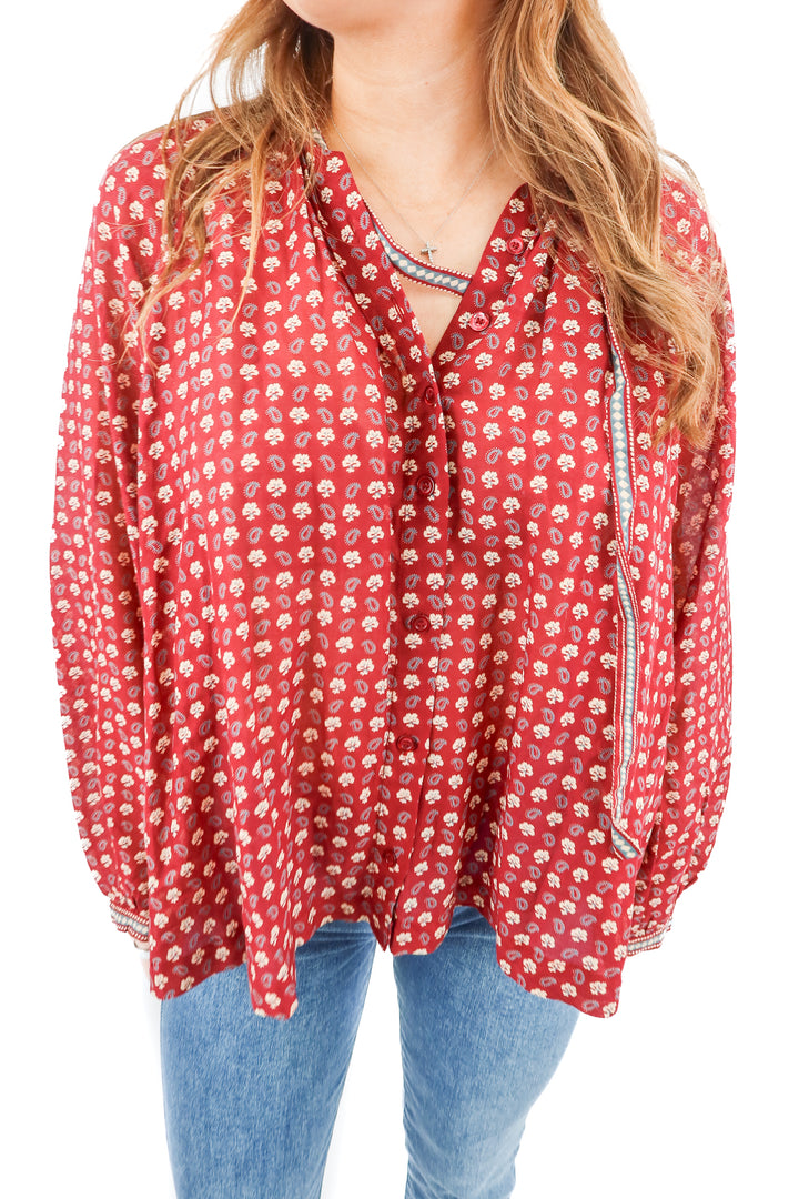 Doen red floral paisley long sleeve blouse (S)