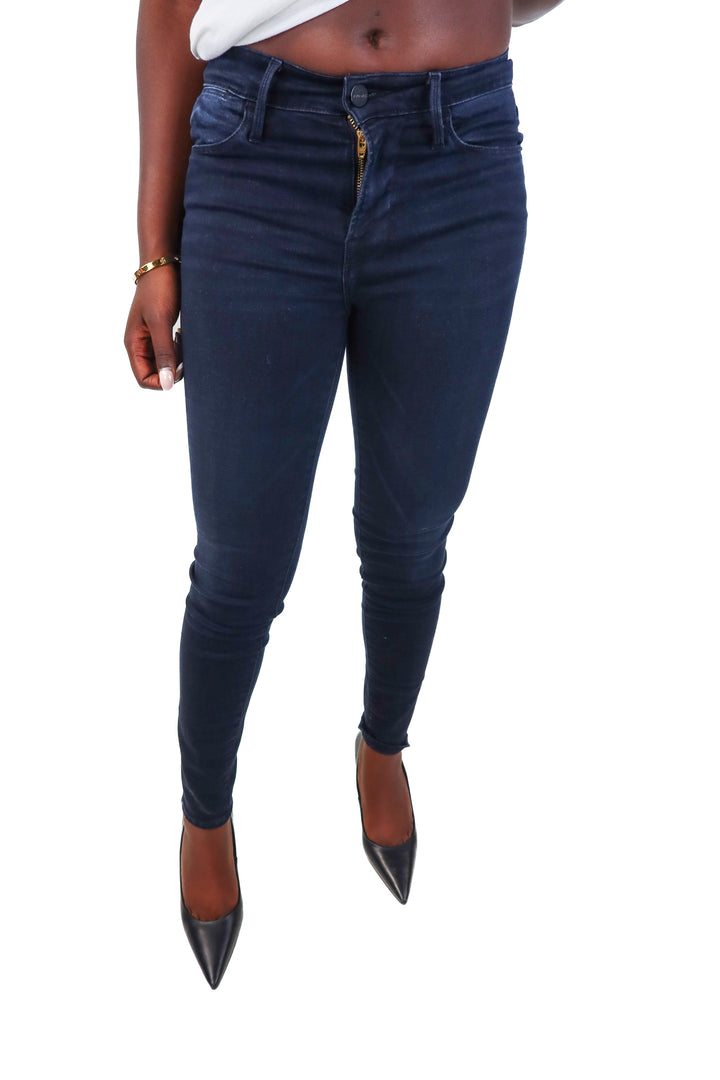 Frame dark wash skinny jeans (25; retail $228)