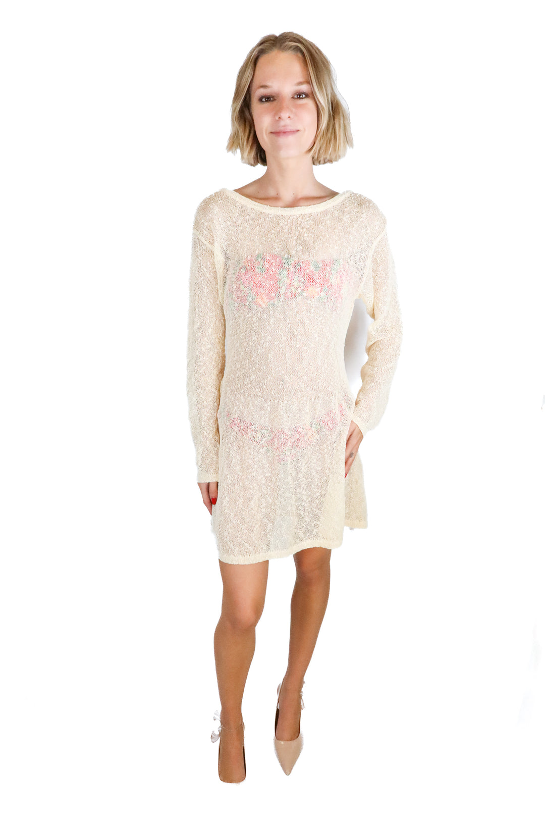 boohoo ivory crotchet long sleeve dress (L)
