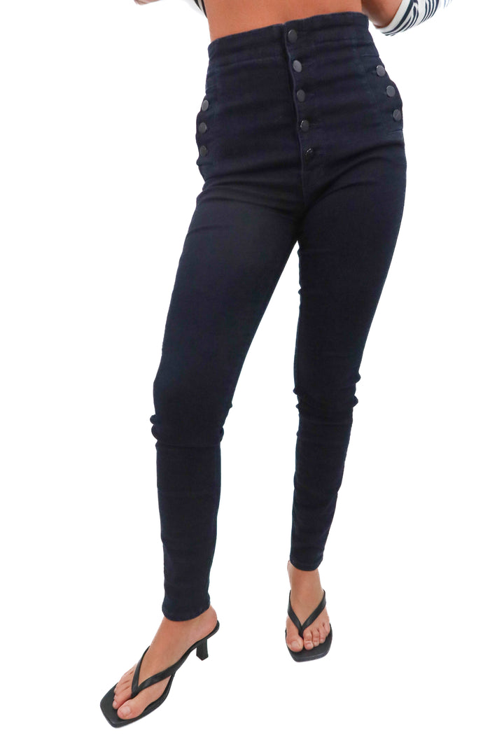 j brand dark wash high waisted skinny jeans (s; retail $140)