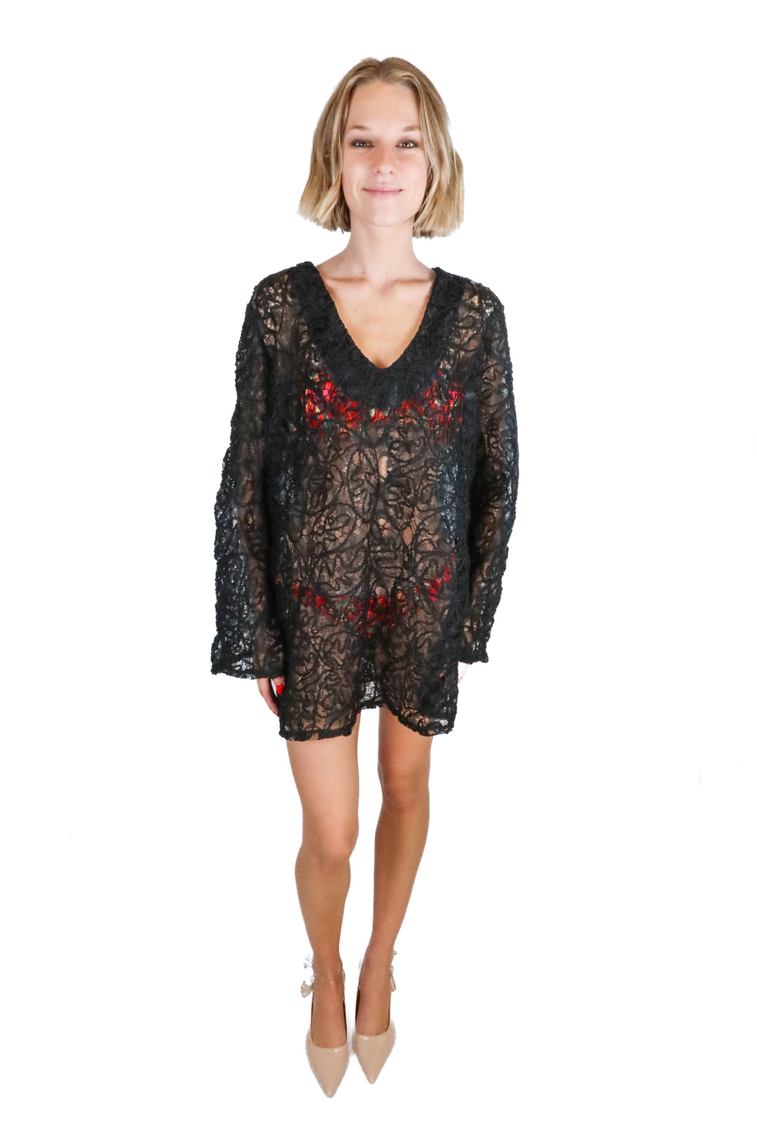 boohoo black long sleeve crotchet swim cover up (L) NWT