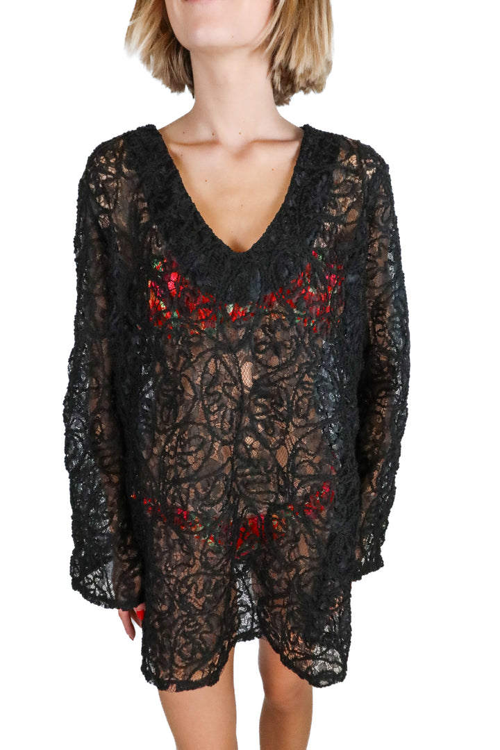 boohoo black long sleeve crotchet swim cover up (L) NWT