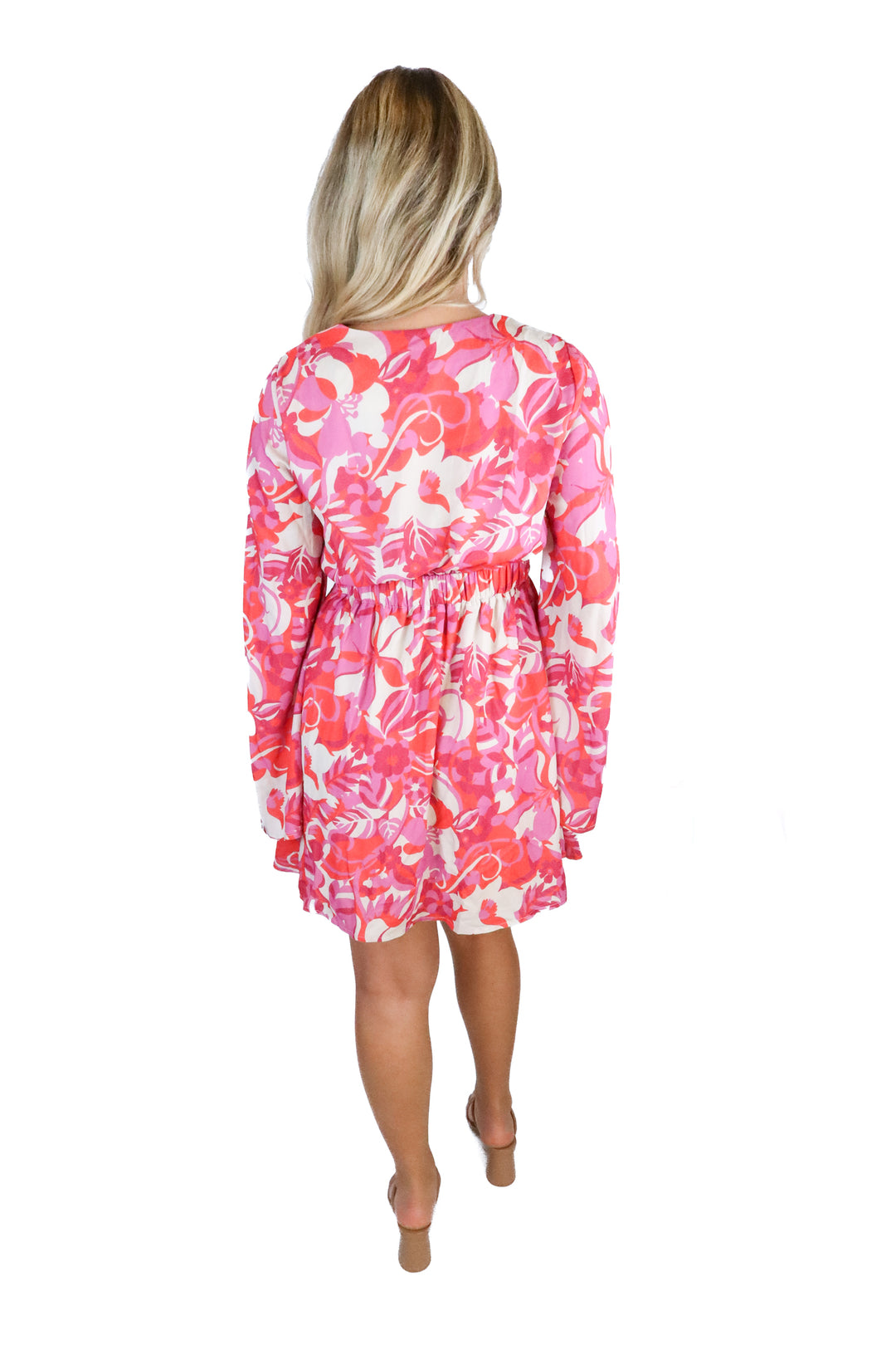 Pink Lily Pink Floral Bell Sleeve Tie Front Dress (M)