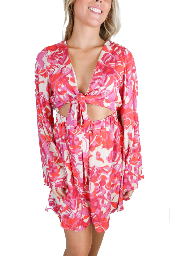 Pink Lily Pink Floral Bell Sleeve Tie Front Dress (M)