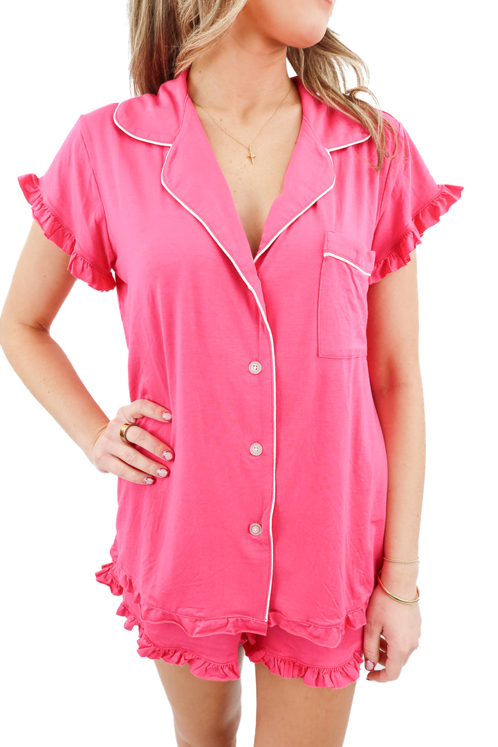 stripe and stare pink pajama short set (M; retail $130)