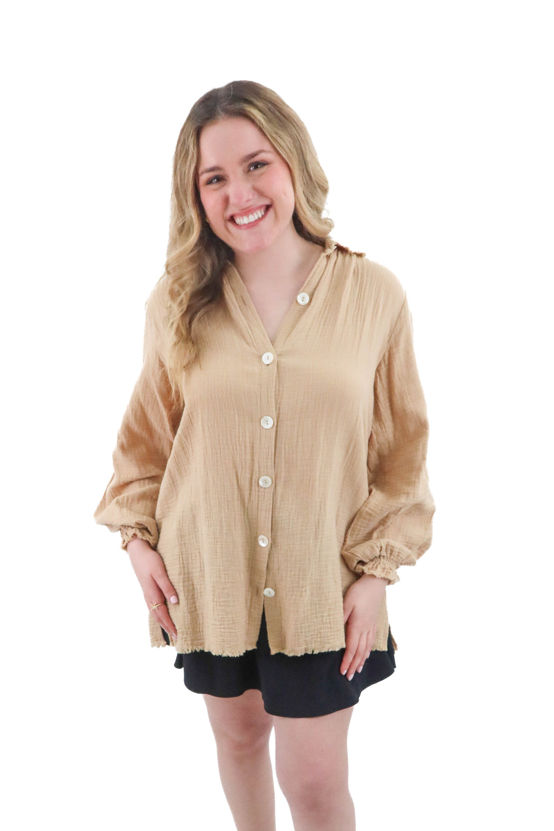 show me your mumu tan cotton blouse (m; retail $68)
