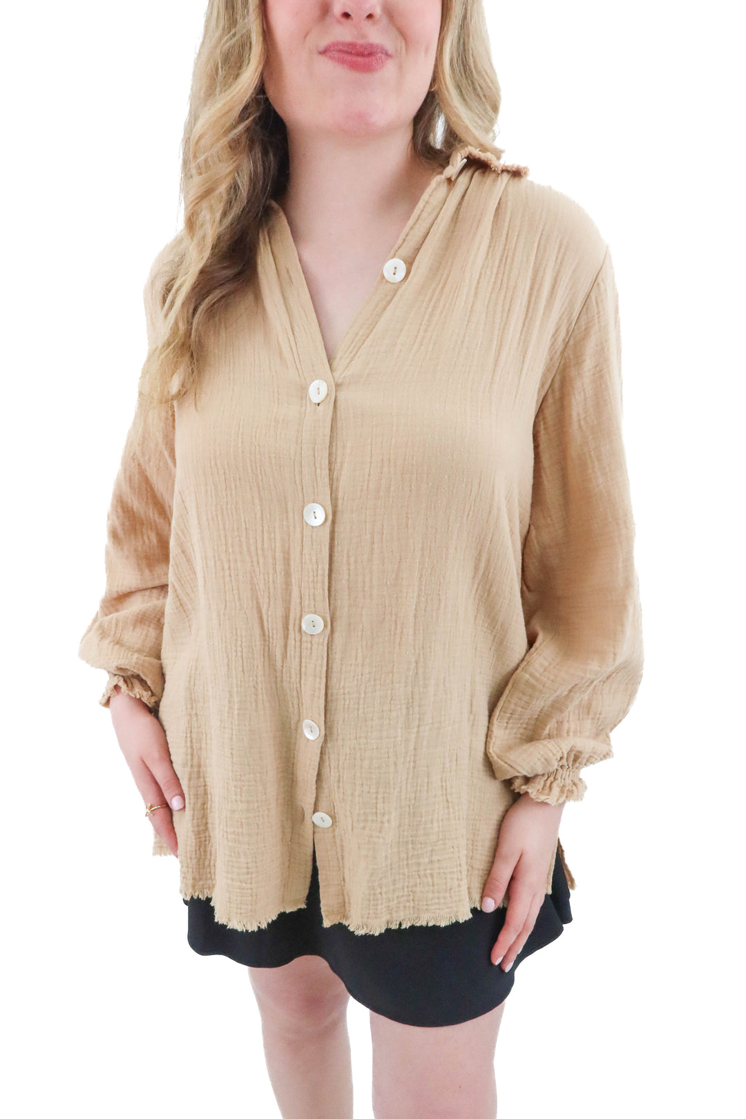 show me your mumu tan cotton blouse (m; retail $68)