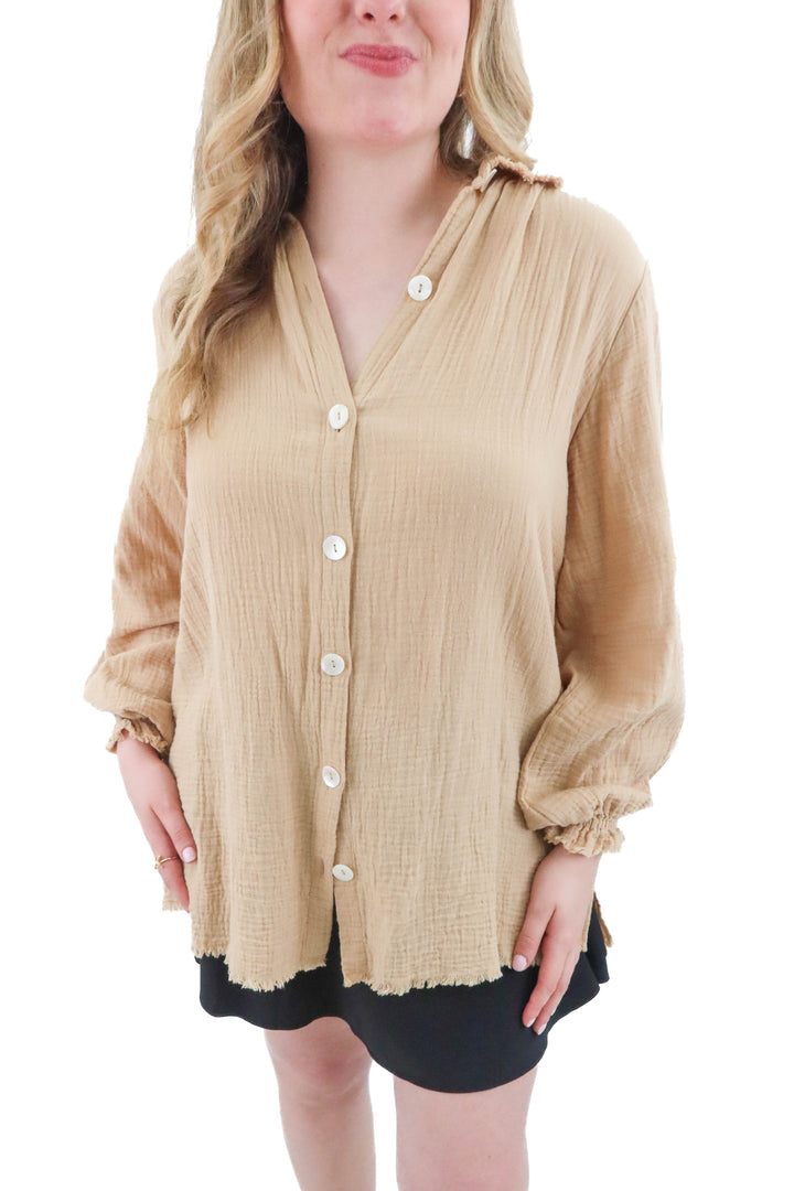 show me your mumu tan cotton blouse (m; retail $68)