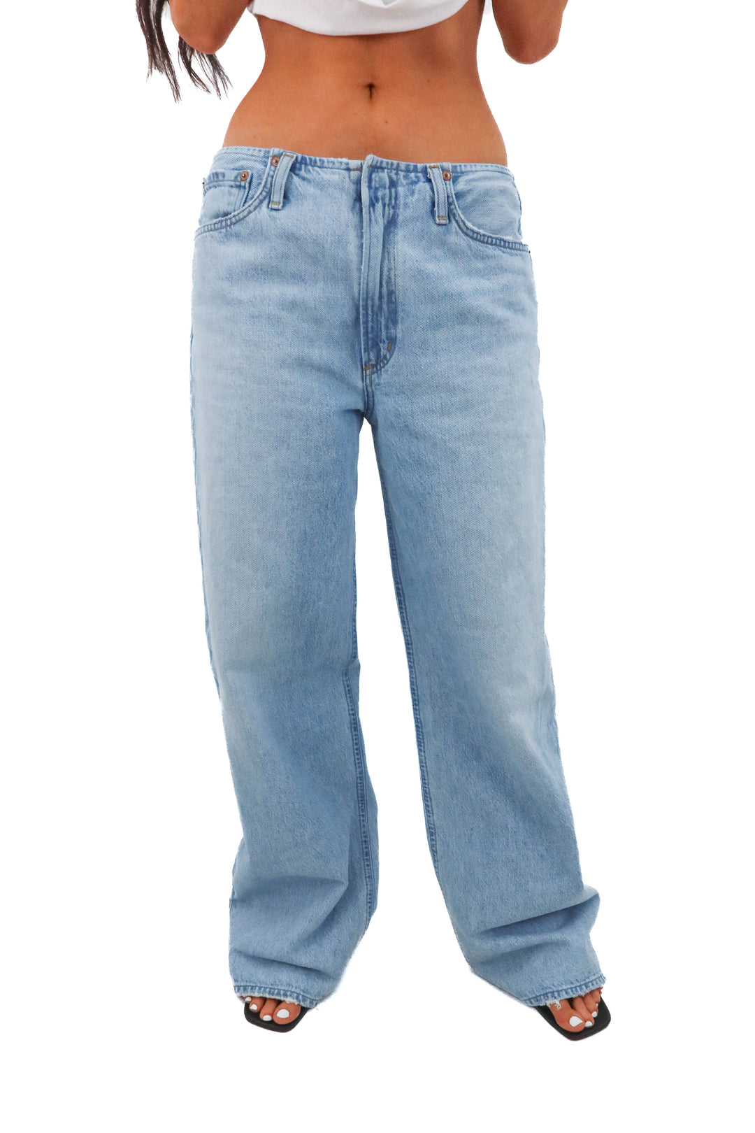 agolde light wash wide leg denim (27; retail $258)