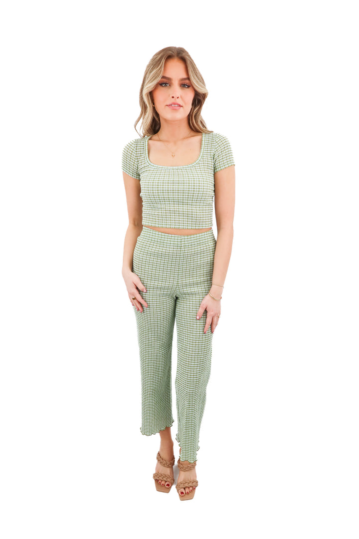 wilfred green checkered top and pants set (XXS; retail $165)